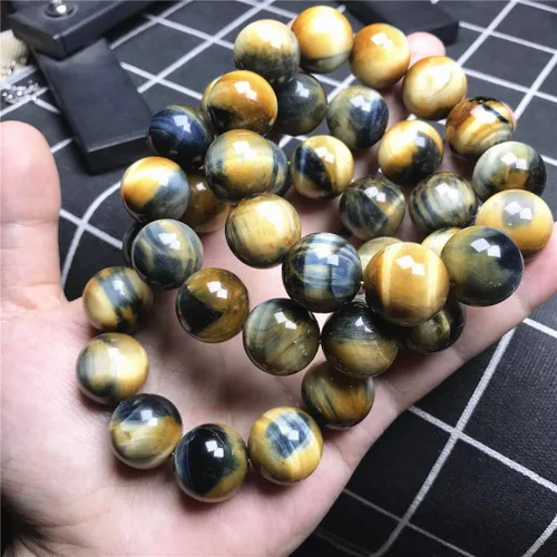 Vista 6 de Pulsera de ojo de tigre natural de 0.709 in para mujeres y hombres, piedra preciosa azul amarilla y azul con cuentas redondas grandes, pulsera