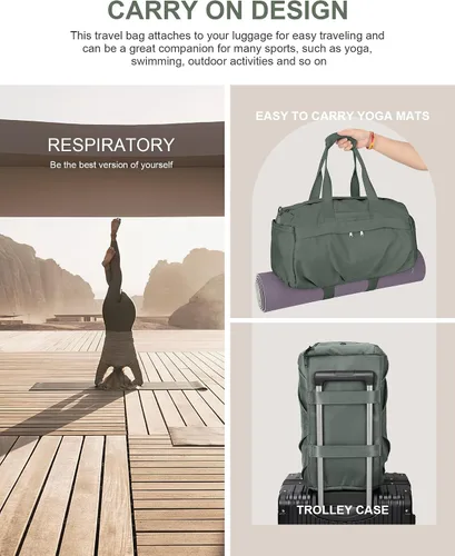 Vista 2 de Bolsa de gimnasio para mujer, bolsa de mano para fin de semana, bolsas de viaje para hombres con funda para carrito, A3-Verde ejército, Campañas