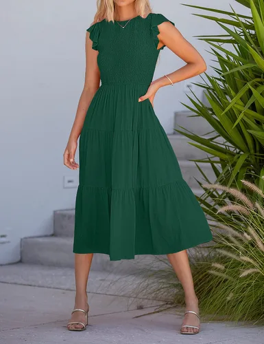 Vista 7 de MEROKEETY - Vestido midi fruncido de manga corta para mujer, vestido de verano casual, acampanado, con cintura elástica y escalonado