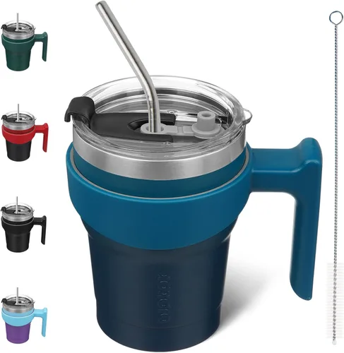 Vista 12 de BJPKPK Mini vaso de 10 onzas con tapa, popote y asa, taza de acero aislada