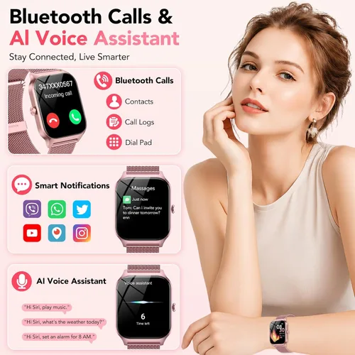 Vista 2 de Reloj inteligente para mujer, responder/hacer llamadas, voz AI, reloj inteligente HD de 1.85 pulgadas compatible con iPhone/Samsung/Android, más