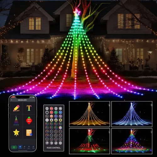 Vista 10 de FANCILLUMA Luces de Cadena de Estrella para Decoraciones de Navidad de Exterior de 11.8 pies, Control Remoto de Aplicación Inteligente RGB que