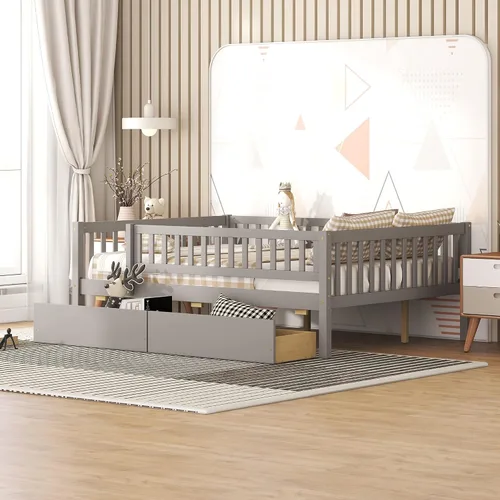 Vista 12 de Merax Cama de madera con dos cajones, color gris