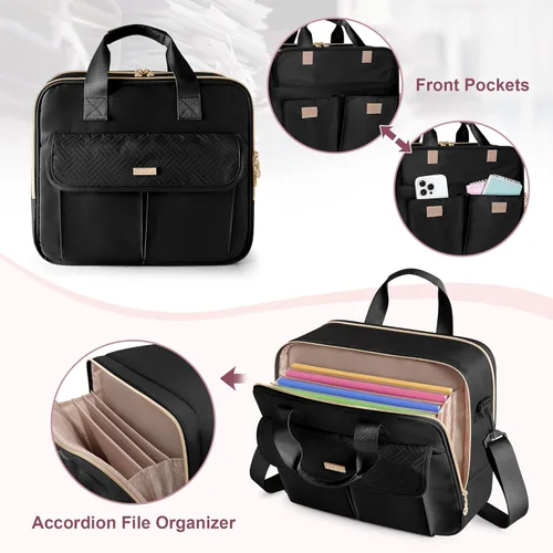 Vista 4 de Bolso para profesora con organizador de archivos de acordeón, maletín para laptop de 39.6 cm para mujeres, profesora, tutora, enfermera y Negro