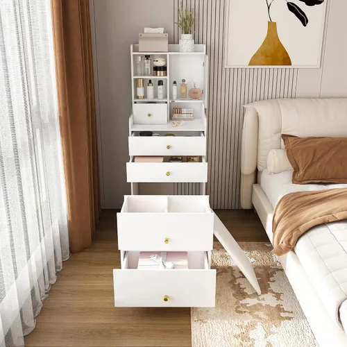 Vista 9 de Runboll - Mesa de Tocador Compacta con Taburete de Almacenamiento y Espejo Iluminado Ajustable, Escritorio de Maquillaje Pequeño 3-en-1 con 4