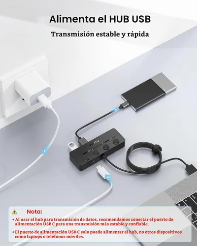 Vista 4 de Aceele Hub USB 3.0 con interruptores de alimentación LED individuales y puerto de alimentación tipo C, divisor USB multipuerto 3.0 con cable de 4