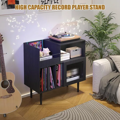 Vista 6 de HedoAjim Soporte grande para tocadiscos con almacenamiento de vinilo, soporte para tocadiscos con puerta acrílica, mesa auxiliar para tocadiscos