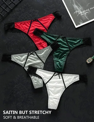 Vista 3 de Seamless Thongs For Women Pack Of 5 Sexy Underwear Women Panties See Through Lace Thong & Satin Thong Panties
