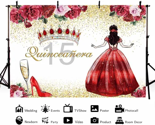 Vista 3 de AIBIIN Telón de fondo de quinceañera de cumpleaños número 15 para niñas, fondo de fotografía floral rojo, corona de princesa, tacones altos