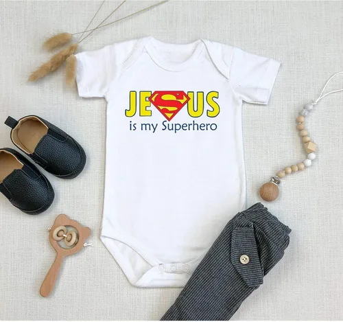 Vista 3 de TripleBDesigns Jesus is my Superhero Christian Baptism Religioso - Mameluco para bebé recién nacido