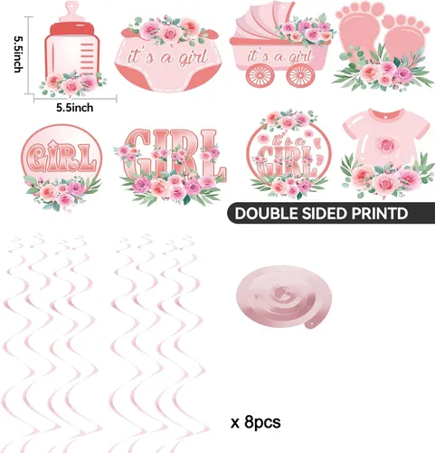 Vista 3 de Oh Baby - Cartel de revelación de género rosa con espirales Decoraciones de baby shower para fiesta de niña