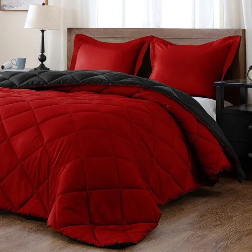 Vista 11 de Juego de edredón reversible alternativo de 5 piezas (rojo/rosa, Queen (88 x 88 pulgadas), 1 edredón con 4 fundas de almohada, algodón suave, 1000
