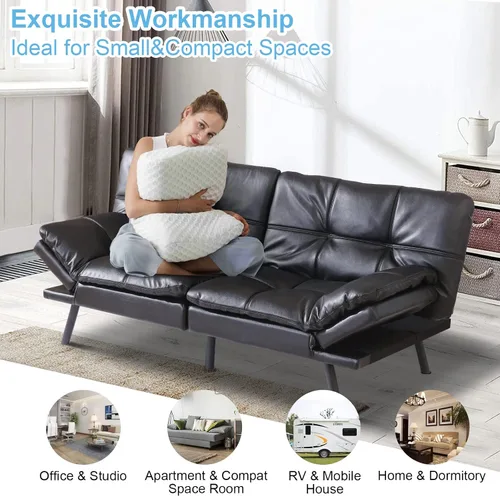 Vista 4 de Futón convertible de piel sintética negra, sofá cama plegable de espuma viscoelástica, sofá biplaza ajustable, futón para sala de estar