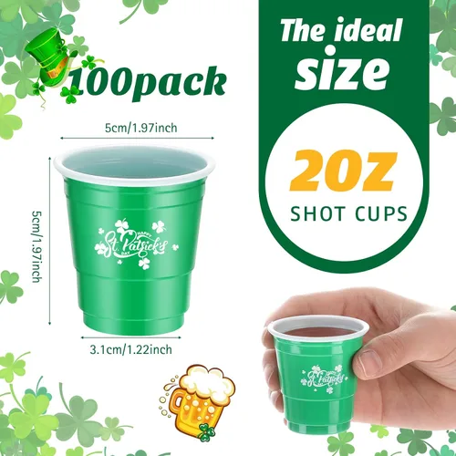 Vista 2 de Gerrii 100 vasos de chupito de 2 onzas para el día de San Patricio, desechables de plástico, regalos de fiesta de San Patricio para cumpleaños