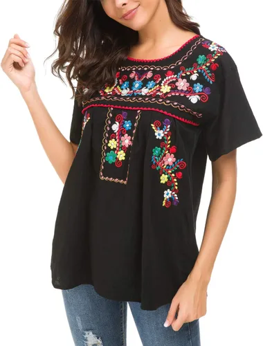Vista 9 de YZXDORWJ - Cómoda blusa mexicana bordada de verano y sin mangas para mujer