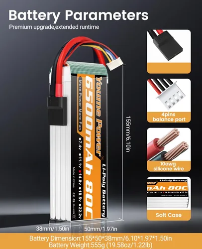 Vista 4 de 4S Lipo Battery 6500mAh 14.8V Lipo Battery 80C Funda blanda con conector TR, enchufe compatible con 1/7 1/8 Maxx X-Maxx RC coches, camiones