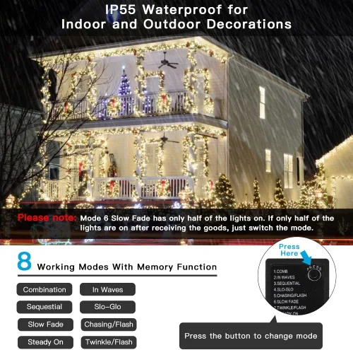 Vista 2 de AmyHomie - Luces de Navidad de blanco cálido, 32.9 m, 300 LED, enchufables, 8 modos, luces de hadas impermeables para guirnaldas, para árbol