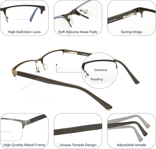 Vista 3 de Lentes de lectura progresivas bifocales sin línea, multifocales, con bloqueo de luz azul, para computadora, marco metálico para hombres