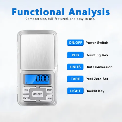 Vista 2 de 2 unids alta precisión mini electrónica digital bolsillo báscula joyería pesaje equilibrio portátil 17.64 oz/0.0004 oz función de conteo LCD azul