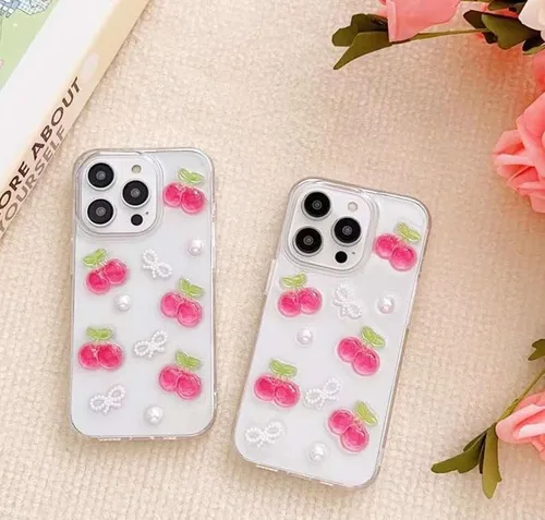Vista 3 de Blingy's Funda para iPhone 14 Pro Max, bonito patrón de cerezas, estilo tropical, funda protectora transparente de TPU suave transparente de 6.7