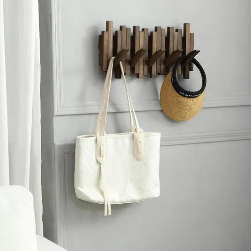 Vista 2 de Perchero de madera natural para piano de pared Perchero de pared Perchero de pared abatible con 5 ganchos Perchero de entrada, hecho de madera