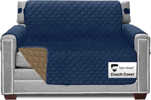 Vista 100 de Sofa Shield - Funda para sofá Loveseat con correa patentada, protector de cojín, funda reversible diseñada en EE. UU. resistente a manchas