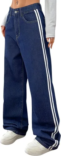 Vista 9 de Pantalones de mezclilla holgados para mujeres y hombres, pantalones de mezclilla de pierna recta, pantalones de mezclilla a rayas de pierna ancha