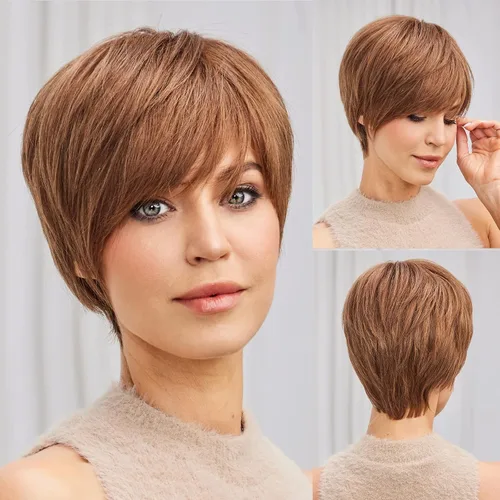 Vista 15 de HAIRCUBE Pelucas rubias de corte Pixie para mujer, estilo ondulado natural, peluca de encaje sintético resistente al calor con parte superior