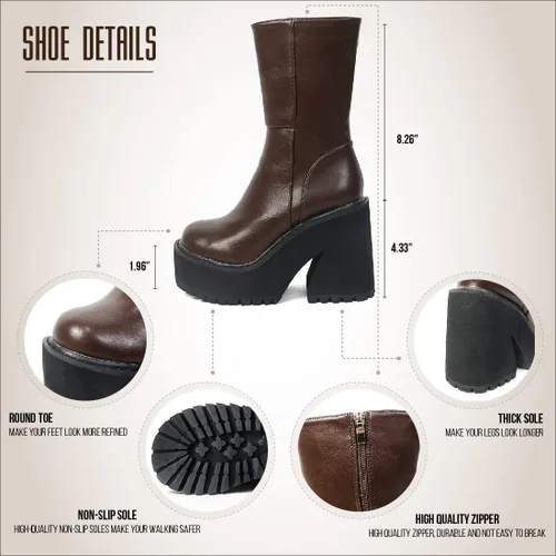 Vista 2 de Goiphrri Botas de tobillo de plataforma para mujer, tacón alto, punta redonda, botas de combate de trabajo, punk, botas de motocicleta, botas