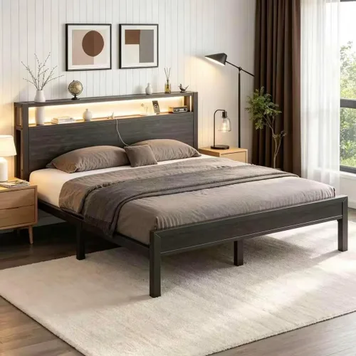 Vista 3 de LoVinson Full Size Bed Frame with Charging Station and LED Light, Metal Platform Bed with Storage Headboard, Noise Free, No Box Spring Needed, Easy