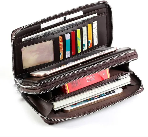 Vista 3 de Cartera larga de cuero para hombre, bolso de mano grande para negocios, tarjetero para teléfono, regalo para hombres, padre, hijo, marido, novio