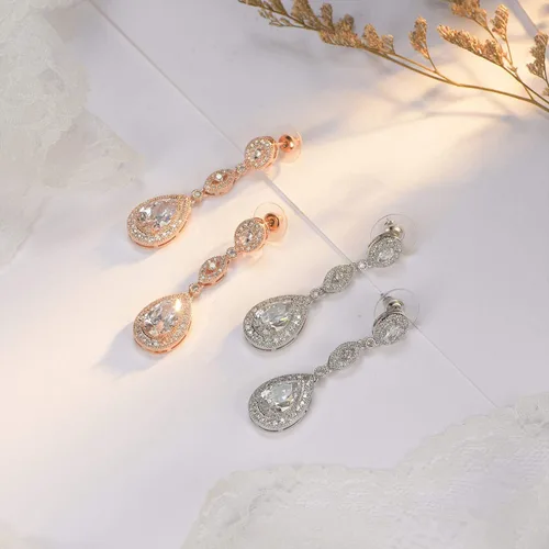 Vista 6 de SWEETV - Aretes de circonia cúbica con cristales de imitación en forma de gota para mujer, para dama de honor, novia