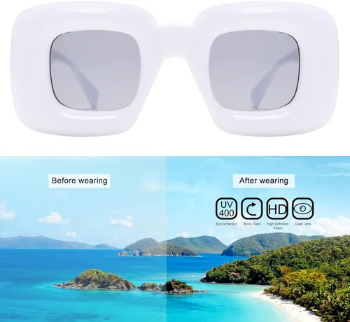 Vista 5 de Akirawang Lentes de sol inflados cuadrados de moda para mujeres y hombres, de gran tamaño, marco grueso, gafas de moda, sombras, estilo de diseñador