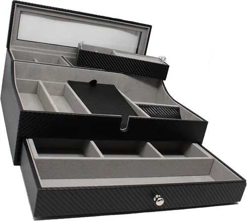 Vista 8 de Bandeja organizadora elegante para hombre para teléfono relojes lentes de sol joyas cartera anillos collar
