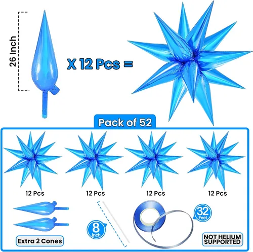 Vista 4 de Globos metálicos de papel de aluminio con forma de cono de estrella en explosión, azul, extragrandes, 26 pulgadas, para decoración de fiestas 2022