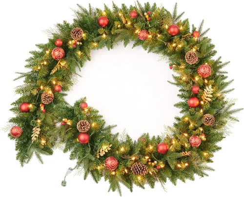 Vista 8 de Guirnalda de Navidad preencendida de 9 pies con bayas y bolas doradas, piña, flor dorada y 50 luces LED blancas suaves que funcionan