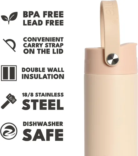 Vista 6 de Elemental Botella de agua aislada de 24 onzas con popote, botellas de agua con núcleo de acero inoxidable 100% a prueba de fugas para viajes, Beige