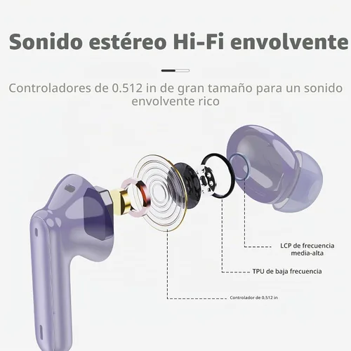 Vista 6 de Auriculares inalámbricos, Bluetooth 5.4 con graves profundos estéreo de alta fidelidad, 4 ENC con cancelación de ruido, auriculares inalámbricos