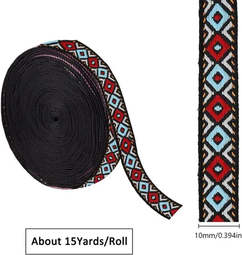 Vista 2 de GORGECRAFT Cinta de jacquard étnico de 10.94 yardas, cinta bordada de 3/4 pulgadas de ancho rojo azul geométrico rombo tejido flecos o bricolaje