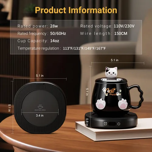 Vista 6 de Calentador de tazas de café y lindo juego de tazas de gato, calentador de tazas de bebidas para escritorio, oficina en casa con 4 ajustes