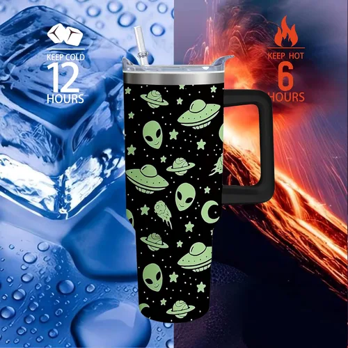 Vista 3 de Vaso térmico de alienígena de 40 onzas con asa y pajita abatible, taza aislante de acero inoxidable para amantes de ovnis, taza de café de viaje