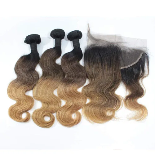Vista 11 de 1B/27 rubio ombre brasileño virgen paquetes con cierres 4pcs lote cuerpo onda 12 con 10 pulgadas ombre encaje cierre con teje pelo