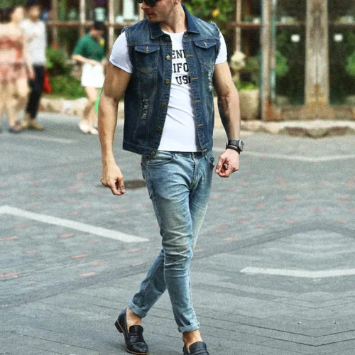Vista 2 de Chaleco de mezclilla sin mangas para hombre, casual, ajustado, rasgado, clásico, con botones