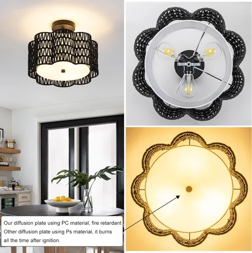 Vista 4 de ✿ Lámpara de Techo de Ratán Tejido a Mano de 13.8" con 3 Luces Montaje Empotrado Boho Negro para Dormitorio Pequeño y Guardería, Luz de Techo