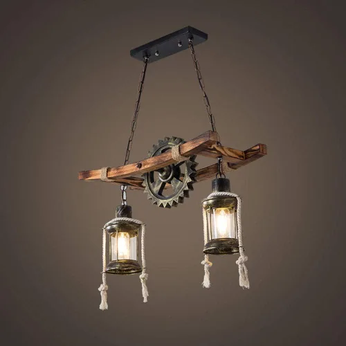 Vista 3 de Lámpara colgante industrial retro de 2 cabezales, con forma de engranaje de granja, personalidad creativa única, lámpara de isla de techo vintage