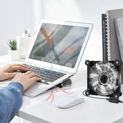Vista 2 de Paquete de 5.512 in, mini ventilador USB para computadora, control de múltiples velocidades, reducción de calor para router, consola de juegos, caja