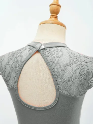 Vista 6 de JEATHA Leotardos de ballet para niñas, camisetas de baile, bailarina, encaje floral, con botones, entrepierna