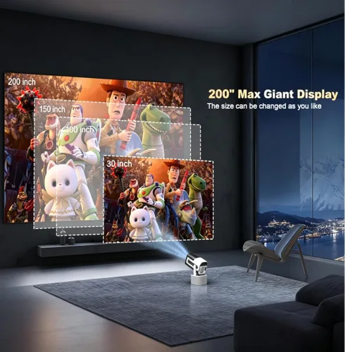 Vista 4 de Proyector portátil KTV JY320, mini proyector compatible con 4K con 2 micrófonos inalámbricos, WiFi6, Bluetooth, giratorio de 180°, proyector de cine