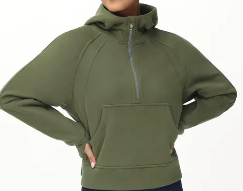 Vista 8 de Tmustobe Sudaderas con capucha de media cremallera para mujer, de manga larga, con forro polar, sin botones, con bolsillo