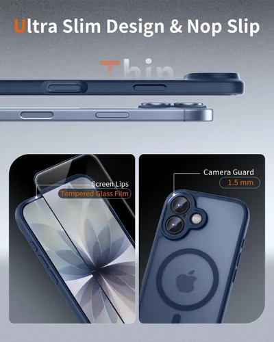 Vista 5 de Funda magnética para iPhone 17 con protector de pantalla, protección completa de la cámara, compatible con MagSafe, delgada, translúcida, mate, a
